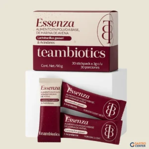postbiotico essenza presentación en caja y sobres de polvo a base de avena con Lactobacillus gasseri y arándanos