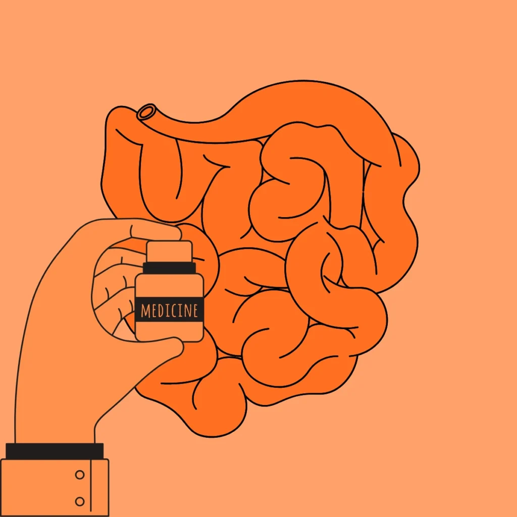 Ilustración de un intestino y una mano sosteniendo un frasco de suplemento, usada para explicar para qué sirve Biometa y su acción en la salud digestiva