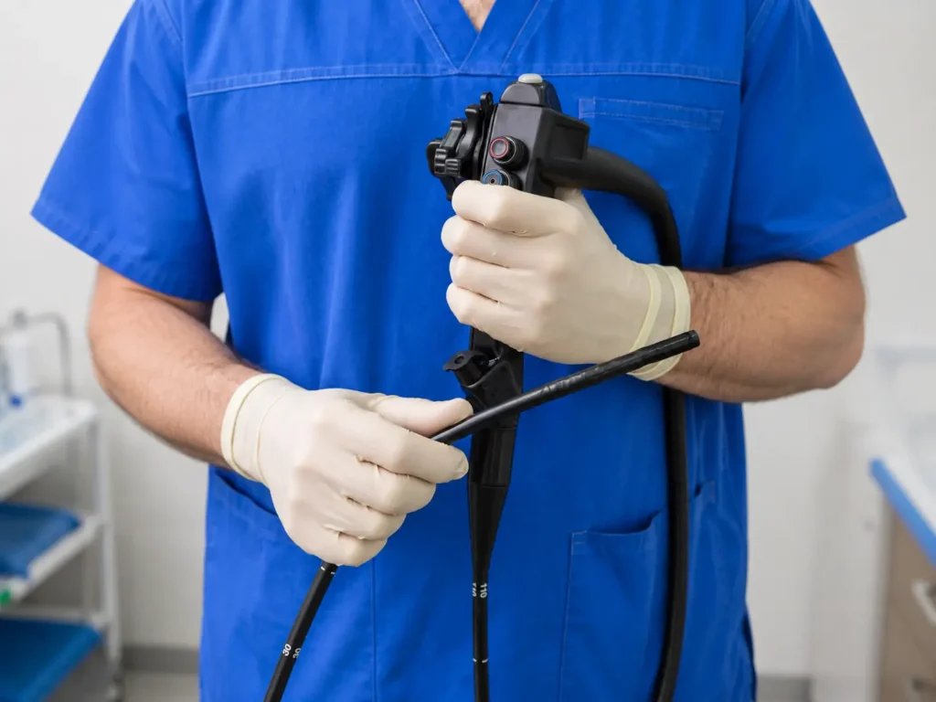 Profesional de la salud sosteniendo un endoscopio flexible antes de un procedimiento.