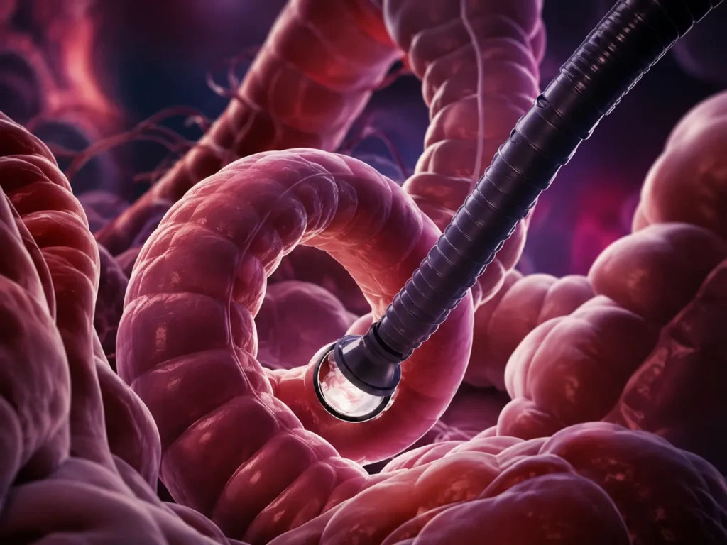 Ilustración médica de un colonoscopio examinando el interior del colon.