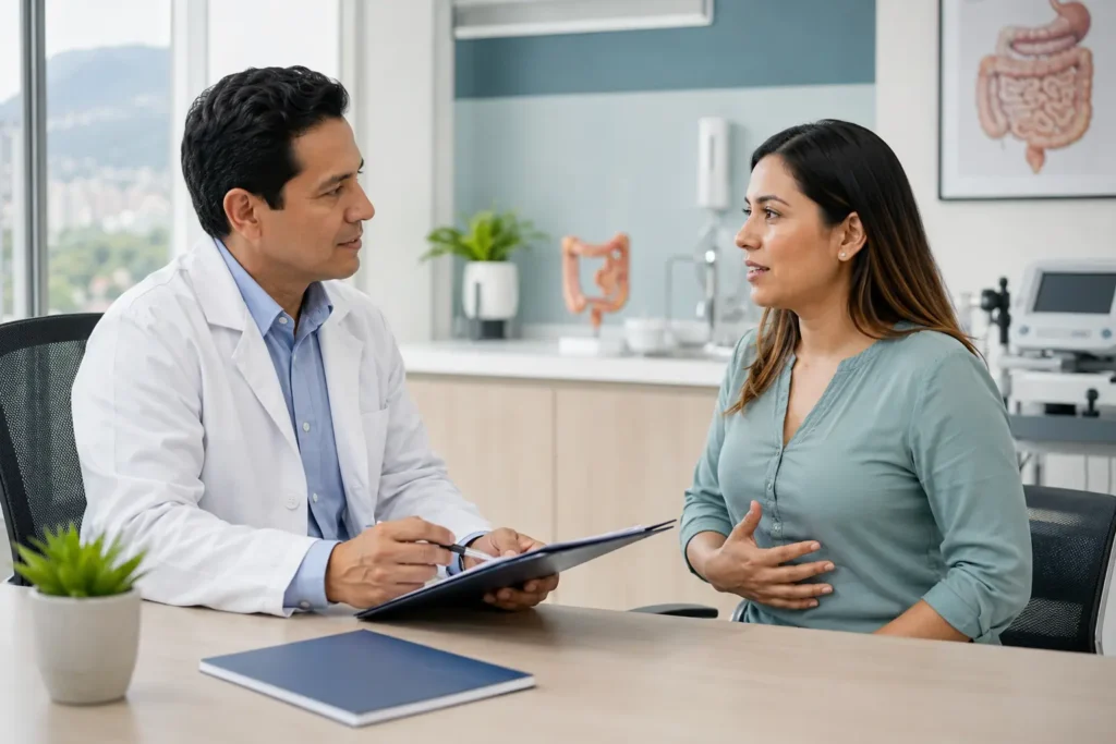 Consulta de gastroenterología por distensión abdominal y gases