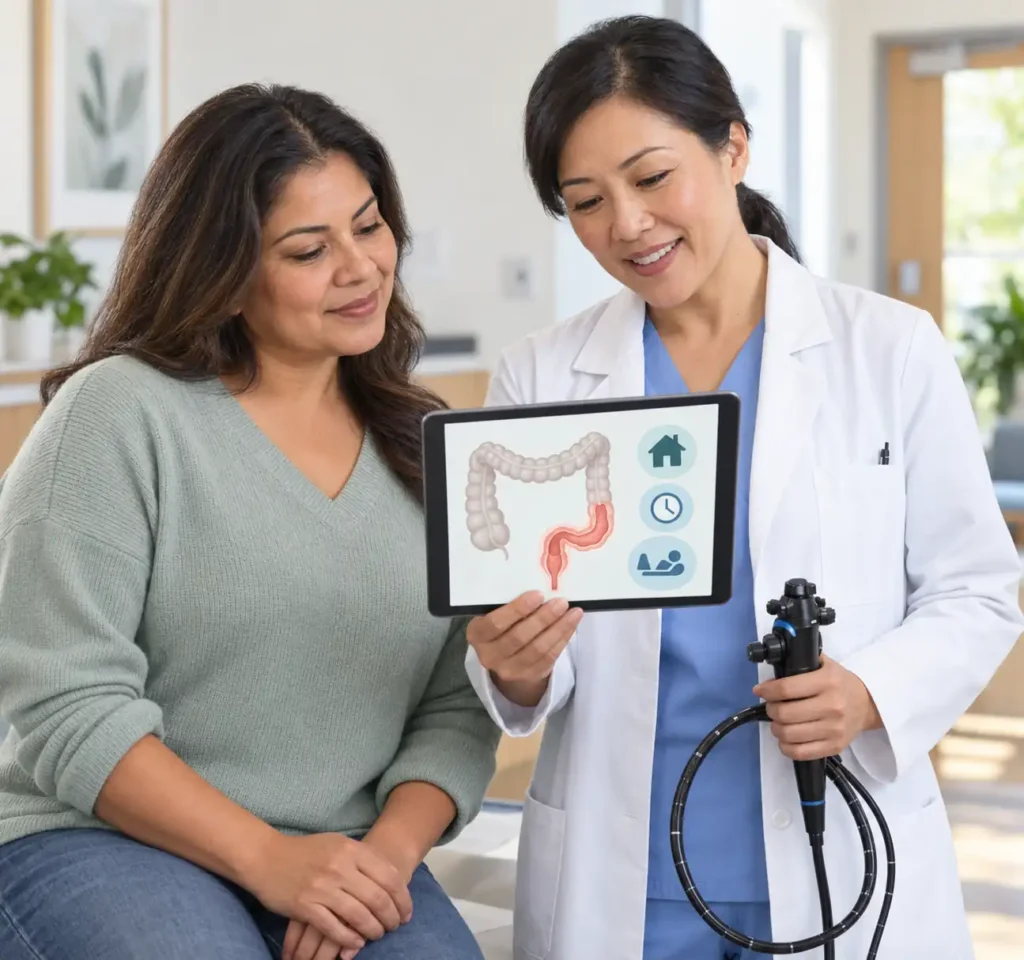 Gastroenteróloga explicando a una paciente cómo se realiza una rectosigmoidoscopia.