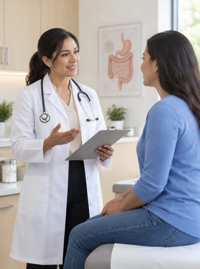 Gastroenteróloga conversando con una paciente durante una consulta sobre salud digestiva.