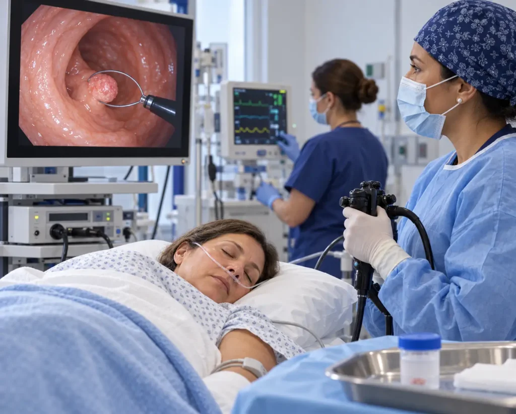Equipo médico realizando una polipectomía durante una colonoscopia con sedación.