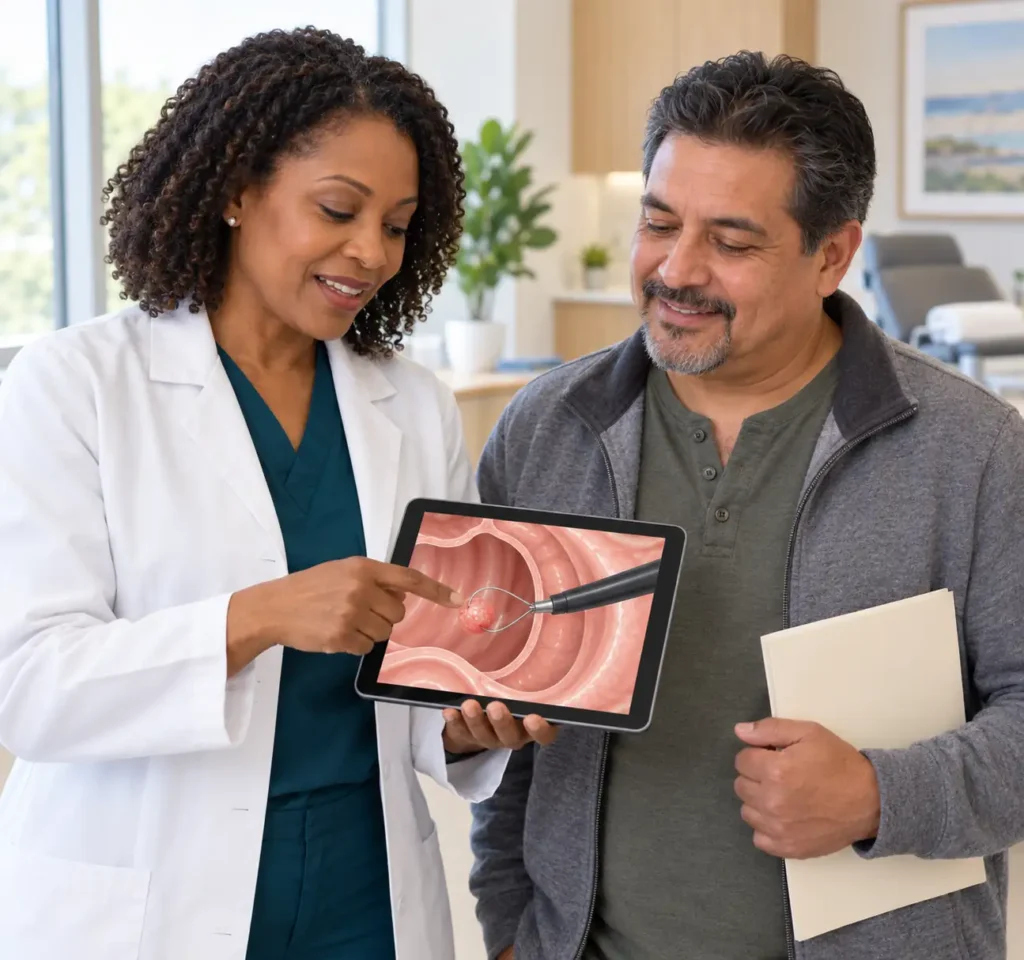 Gastroenteróloga explicando a un paciente la extracción de un pólipo durante una colonoscopia.