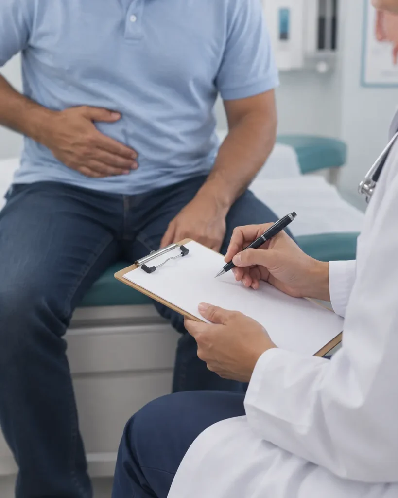 Paciente con dolor abdominal describiendo sus síntomas durante una consulta médica.