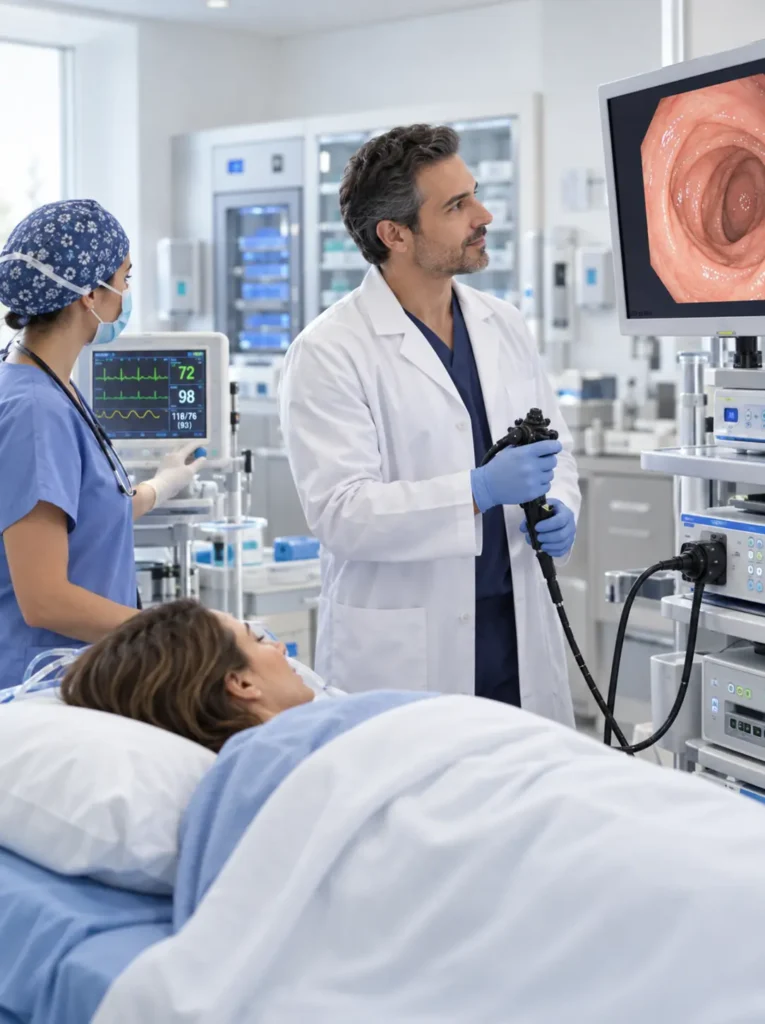 Gastroenterólogo realizando una endoscopia con monitoreo de signos vitales y asistencia médica.