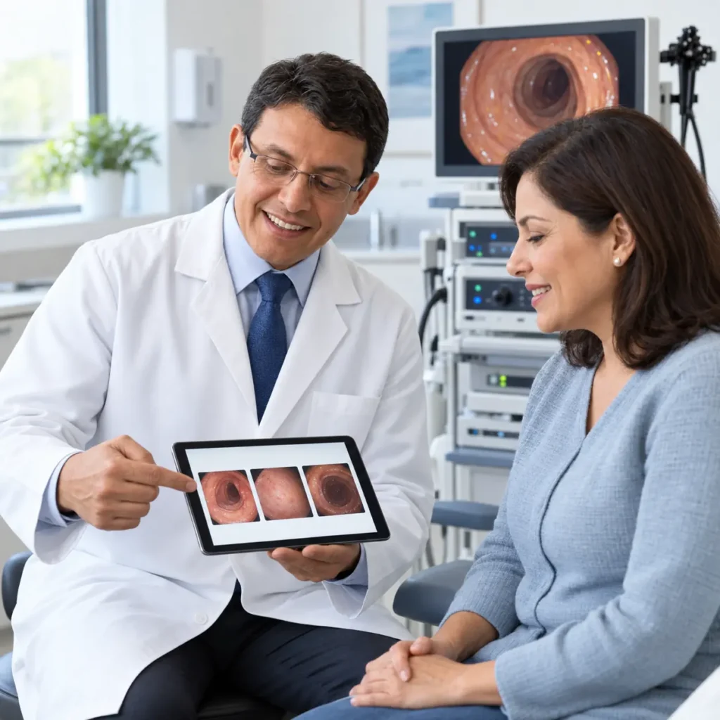 Gastroenterólogo explicando a una paciente los resultados fotográficos de una endoscopia digestiva.