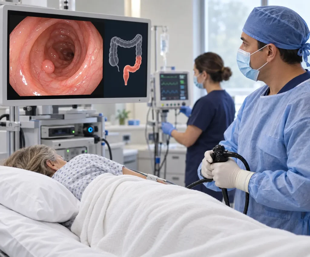 Especialista examinando el recto y el colon sigmoide mediante una rectosigmoidoscopia.