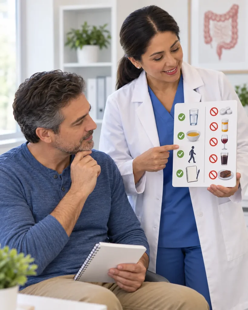 Doctora explicando a un paciente las indicaciones de preparación antes de una colonoscopia.
